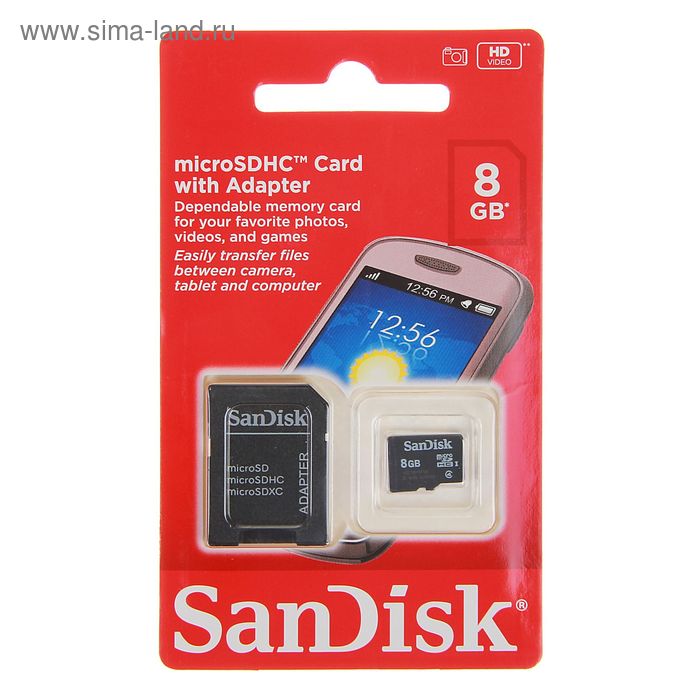 Карта памяти Sandisk microSD, 8 Гб, SDHC, класс 4, с адаптером SD - Фото 1