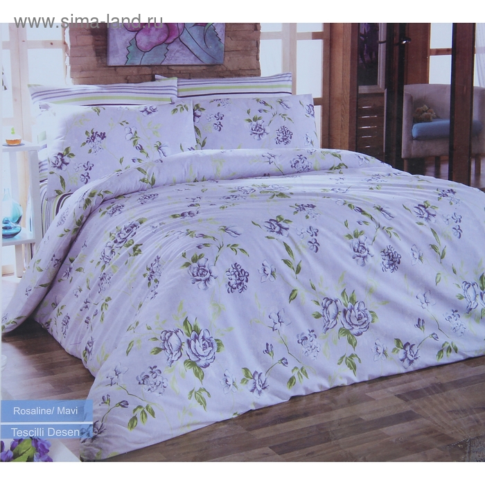 Постельное бельё Евро COTTON LIFE Creton ROSALINA 200х220 см, 220х240 см, 50х70 см, цвет голубой - Фото 1