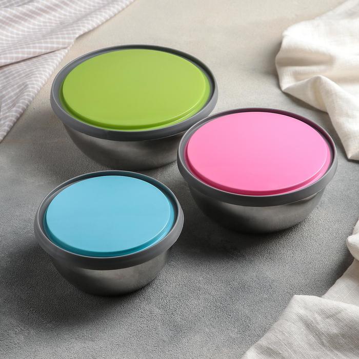 Набор контейнеров с крышками «Яркая сталь», 3 шт.: d=12 см, d=14 см, d=16 см, 800 мл, 600 мл, 400 мл, нержавеющая сталь, МИКС - Фото 1