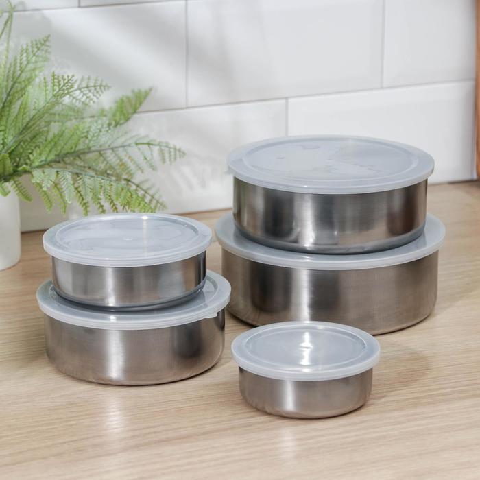 Набор мисок «Сталь», 5 шт.: d=18 см, 850 мл/d=16 см, 600 мл/d=14 см, 450 мл/d=12 см, 250 мл/d=10 см, 150 мл, с крышками, нержавеющая сталь, серебристый - Фото 1
