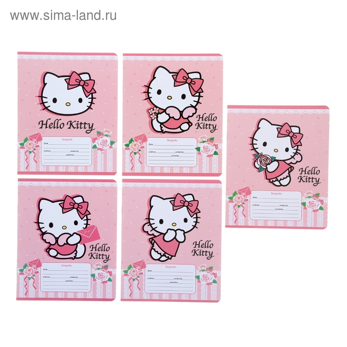 Тетрадь 12 листов клетка Hello Kitty-7, картонная обложка, лён, 5 видов МИКС - Фото 1