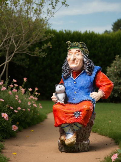 Садовая фигура из полистоуна «Баба Яга на ступе с кошкой», 74×36×40 см, МИКС