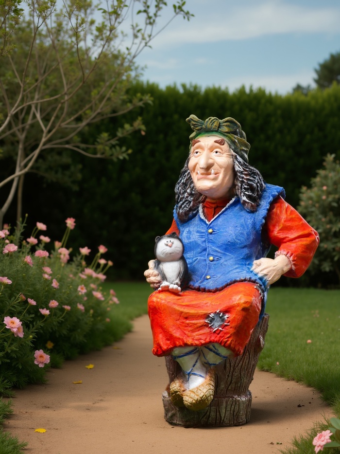 Садовая фигура из полистоуна «Баба Яга на ступе с кошкой», 74×36×40 см, МИКС