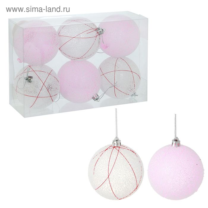 Набор шаров пластик d-8 см, 6 шт "Морозные нити" розово-белый - Фото 1