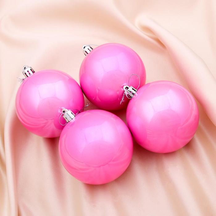Набор шаров пластик d-8 см, 4 шт "Глянец" розовый - Фото 1