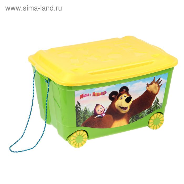 Ящик для игрушек с аппликацией "Маша и Медведь" на колёсиках, с крышкой, 50 л, цвет зелёный - Фото 1