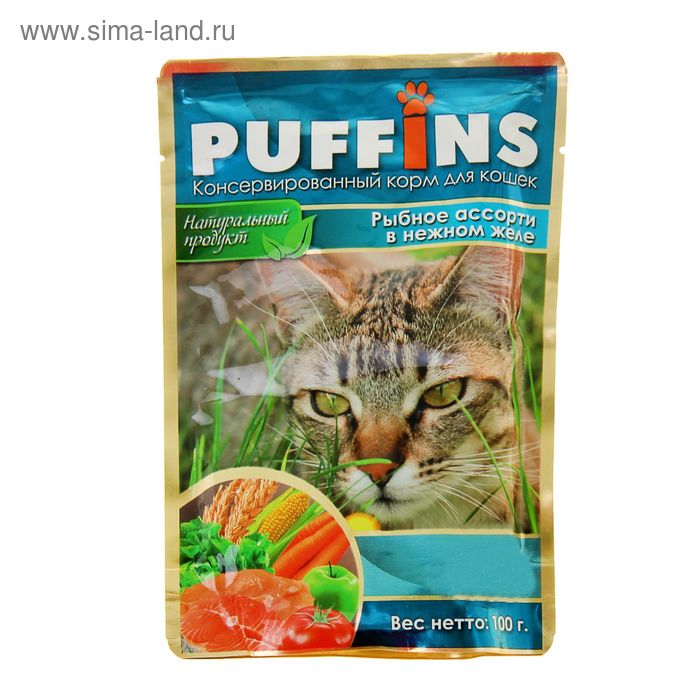 Влажный корм "Puffins" для кошек, рыбное ассорти в нежном желе, 100 г - Фото 1