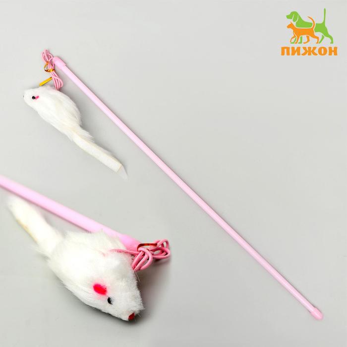 Дразнилка-удочка с белой мышью, палочка микс цветов - Фото 1
