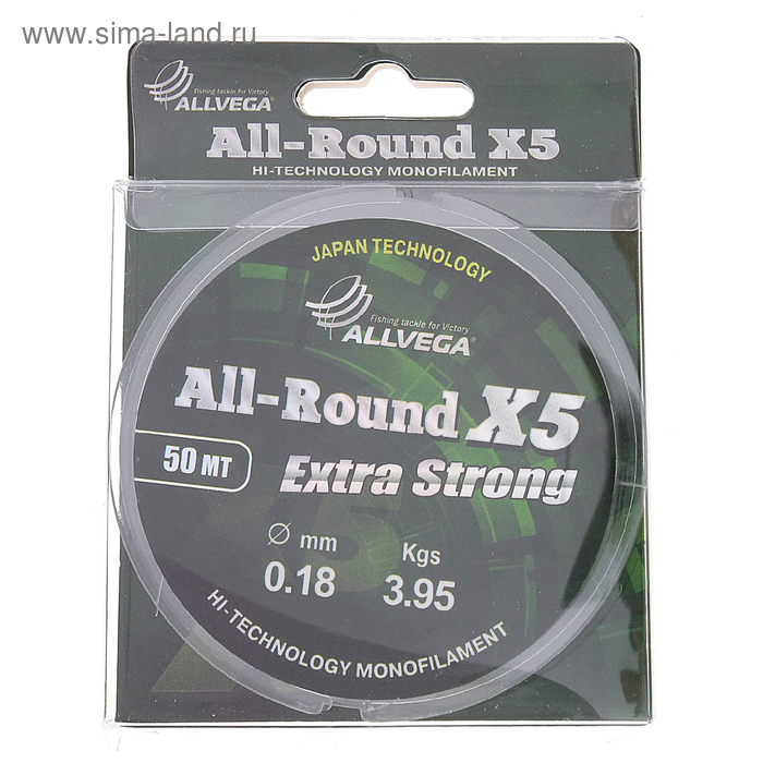 Леска ALLVEGA All-round X5, диаметр 0.18 мм, тест 3.95 кг, 50 м, прозрачная - Фото 1