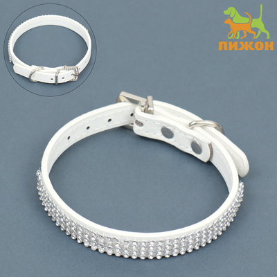 Ошейник, 38×1.5 см, ОШ 26-33, со стразами в 4 ряда, стразы на пряжке, белый