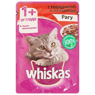 Влажный корм Whiskas для кошек, рагу с говядиной и ягненком, пауч, 85 г