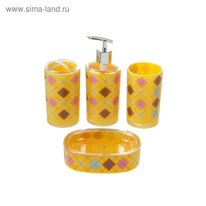 Набор для ванной «Цветные ромбы», 4 предмета (дозатор для мыла, мыльница, 2 стакана), цвет жёлтый - Фото 1