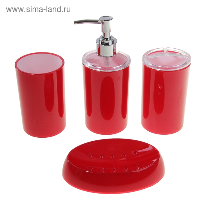 Набор для ванной «Яркость», 4 предмета (мыльница, дозатор для мыла, 2 стакана), цвет красный - Фото 1