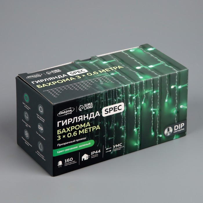 Гирлянда «Бахрома» 3 × 0.6 м, IP44, УМС, прозрачная нить, 160 LED, свечение зелёное, 220 В - фото 1900907608