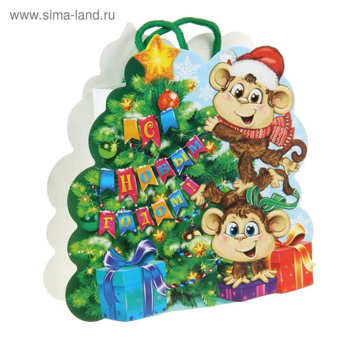 Пакет подарочный «Обезьянки у елки», 12 × 15 см - Фото 1
