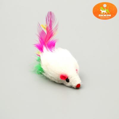 Мышь меховая однотонная с перьями 6,5 см, микс цветов