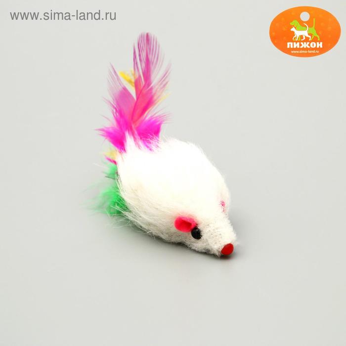Мышь меховая однотонная с перьями 6,5 см, микс цветов - Фото 1