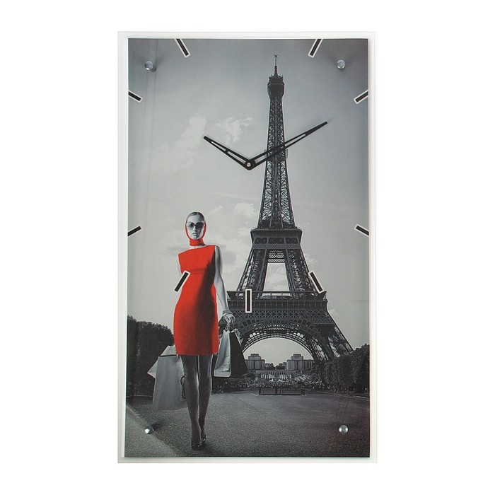 Часы-картина настенные, интерьерные "Девушка в красном платье в Париже", бесшумные, 35 х 60 см 11466 - Фото 1