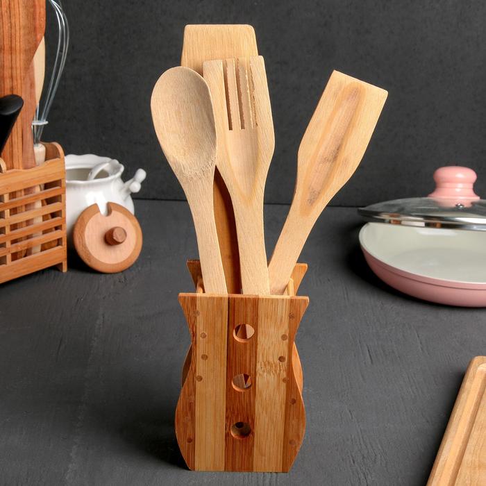 Набор кухонных принадлежностей «Бамбук», 4 предмета, на подставке - фото 3615301