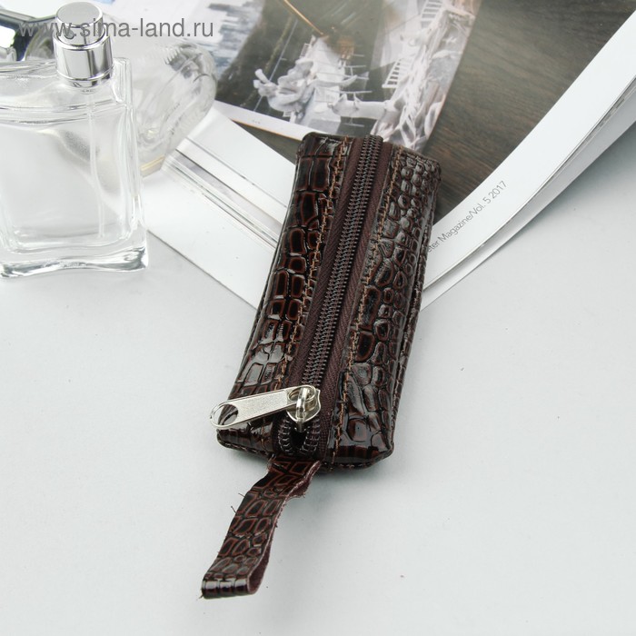Ключница на молнии, кольцо, крокодил, цвет тёмно-коричневый - Фото 1