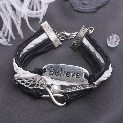Браслет кожа «Магия знаков» believe, 4 нити, цвет черно-белый в серебре