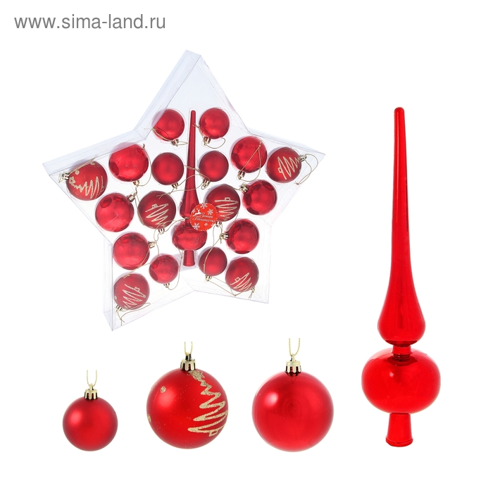 Набор шаров пластик с верхушкой 19 шт "Золотая ёлочка" красный - Фото 1