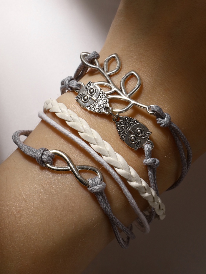 Браслет кожаный «Совы, веточка и знак бесконечности», L=20 см, 5 нитей, белый, серый - Фото 1