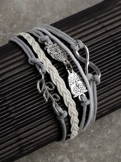 Браслет кожа «Магия знаков» совушки, 5 нитей, бело-серый, L=20 см
