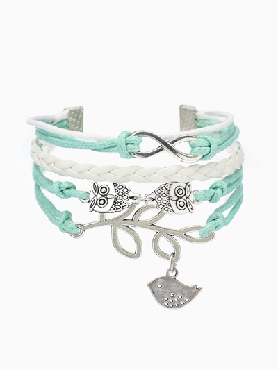 Браслет кожаный «Совы, веточка и знак бесконечности», L=20 см, 5 нитей, бирюзовый