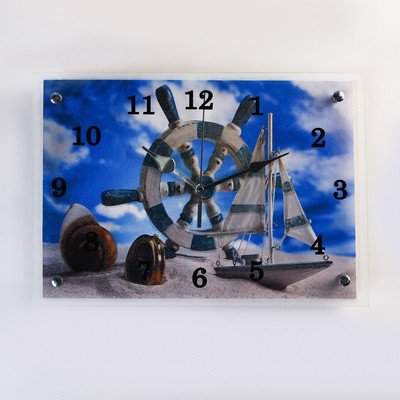Часы-картина настенные, интерьерные "Штурвал и яхта на песке", бесшумные, 25 х 35 см