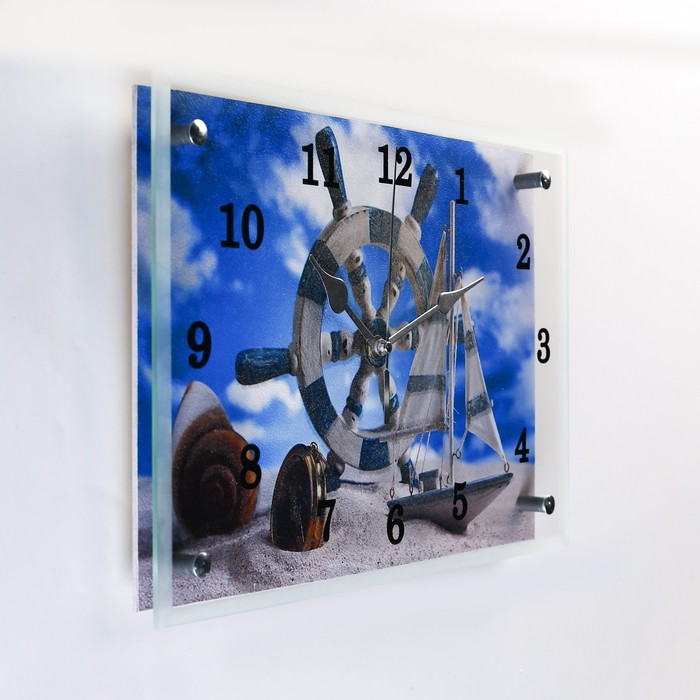 Часы настенные, серия: Море, "Штурвал и яхта на песке", 25х35  см - фото 1905345326