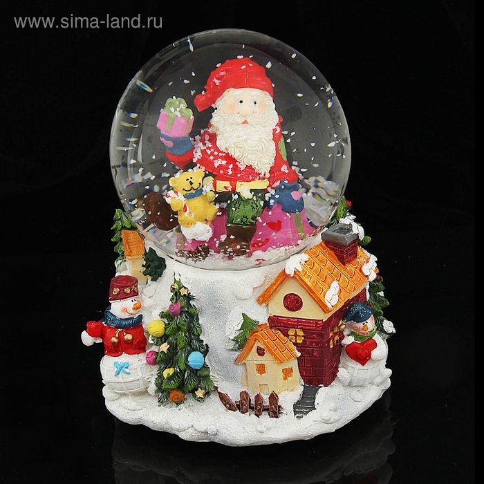 Сувенир полистоун водяной шар "Дед Мороз на подарке" музыкал., механический, 13х10,4х10 см - Фото 1