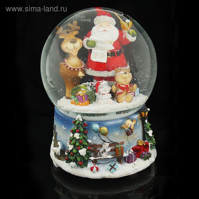 Сувенир полистоун водяной шар "Дед Мороз с оленем" музык.,реагирует на хлопок,19,5х15,5х15см - Фото 1