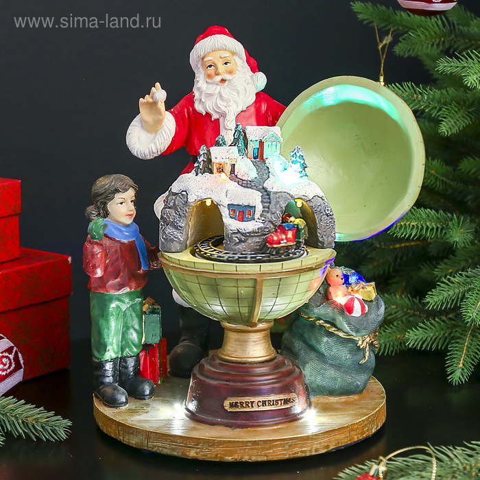 Сувенир полистоун "Дед мороз у глобуса с городком" музык.,световой, движущийся, 26х22х30 см - Фото 1