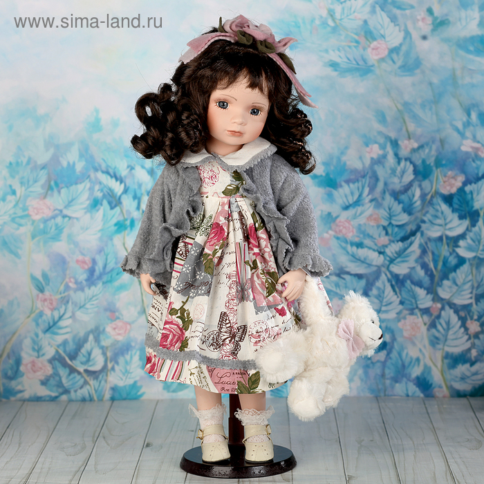 Кукла коллекционная керамика "Мила в сером жакете и с мишкой" 50 см - Фото 1