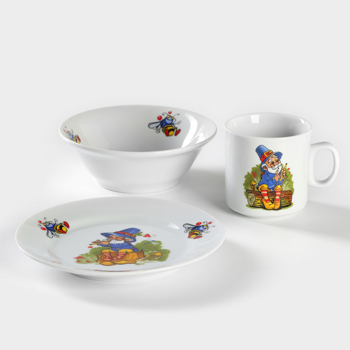 Набор посуды детский Добрушский завод «Лесовичок», 3 предмета: кружка, миска, тарелка, фарфор, белый, рисунок МИКС - Фото 1