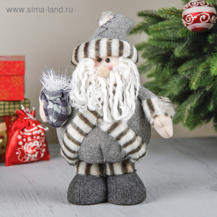 Мягкая игрушка "Дед Мороз в шубке с подарком" 27,5 см серый - Фото 1