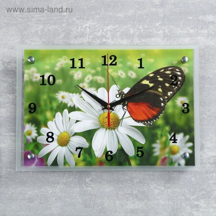 Часы-картина настенные, серия: Цветы, "Бабочка и ромашки", 25 х 35 см - Фото 1