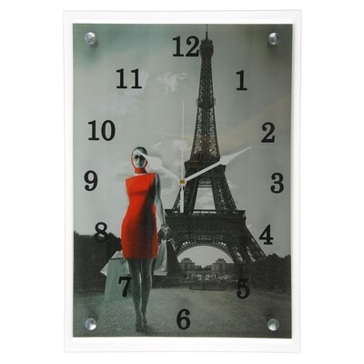 Часы-картина настенные, интерьерные "Девушка в красном платье в Париже" бесшумные, 25 х 35 см 115511