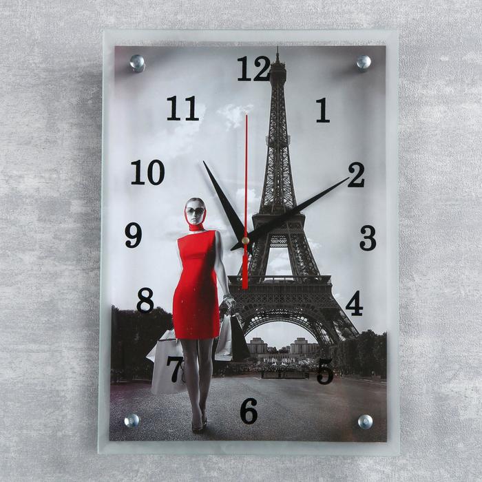 Часы-картина настенные, серия: Город, "Девушка в красном платье в Париже" 25х35 см - Фото 1