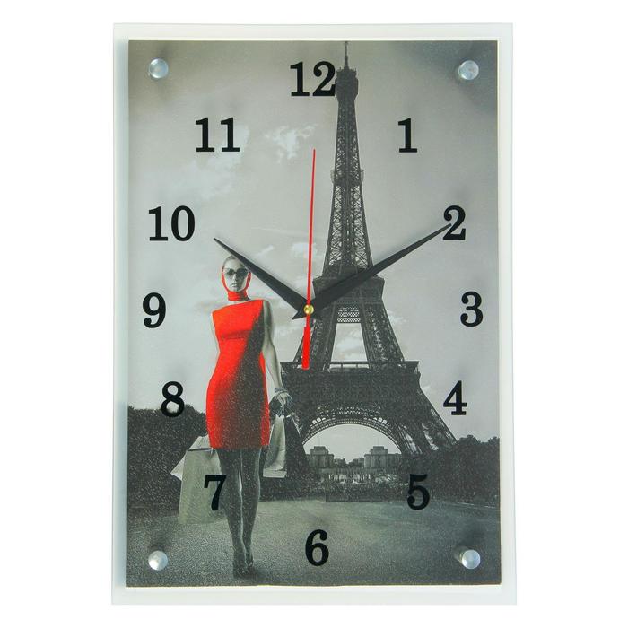 Часы-картина настенные, серия: Город, "Девушка в красном платье в Париже" 25х35 см - фото 1905345835