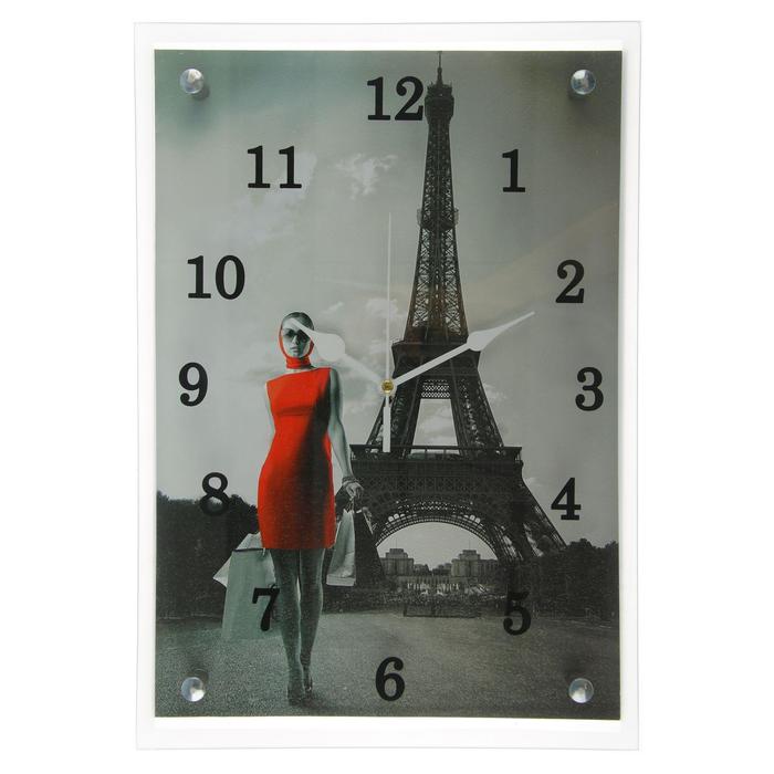 Часы-картина настенные, серия: Город, "Девушка в красном платье в Париже" 25х35 см - фото 1905345839