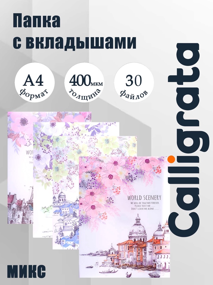 Папка А4, «Города» 30 прозрачных файлов, пластик, 400 мкм, МИКС - Фото 1