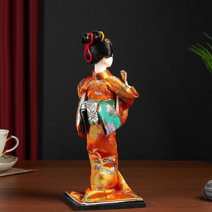 Кукла коллекционная "Гейша в оранжевом кимоно с веером" 22,5 см - фото 1877293385