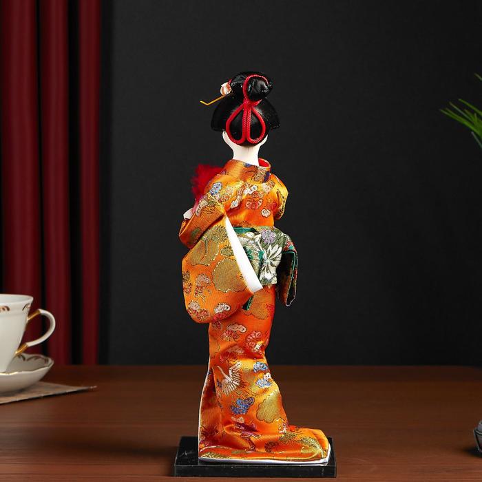 Кукла коллекционная "Гейша в оранжевом кимоно с веером" 22,5 см - фото 1877293386