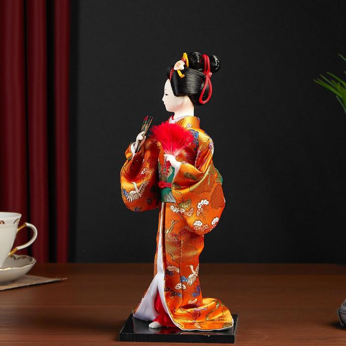 Кукла коллекционная "Гейша в оранжевом кимоно с веером" 22,5 см - фото 1877293387