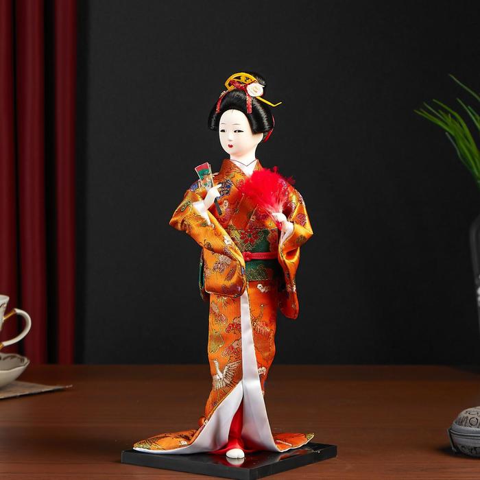 Кукла коллекционная "Гейша в оранжевом кимоно с веером" 22,5 см - фото 1896521533