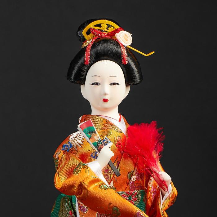 Кукла коллекционная "Гейша в оранжевом кимоно с веером" 22,5 см - фото 1896521534