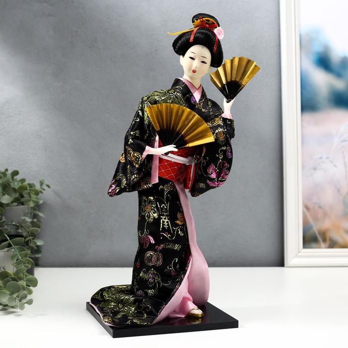 Кукла коллекционная "Гейша в черно-золотом кимоно с веерами" 40 см - Фото 1