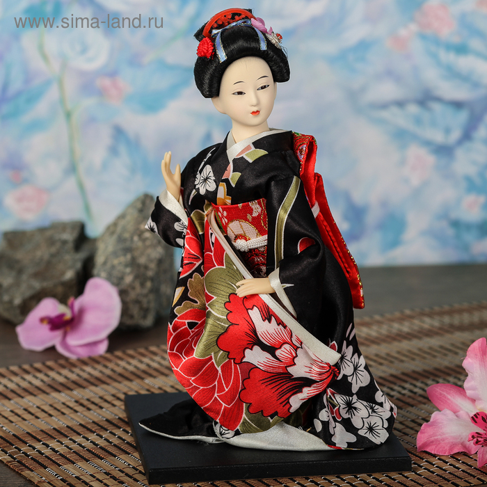 Кукла коллекционная "Гейша в черном шелковом кимоно сидит" 22 см - Фото 1